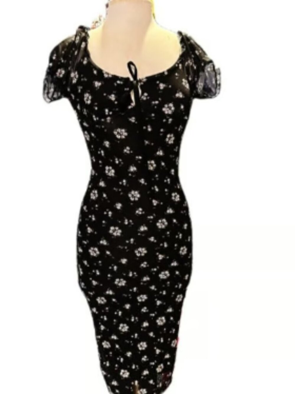 XS Black White Floral Short Sleeve Dress Bodycon Retro Breathable Mini Dress